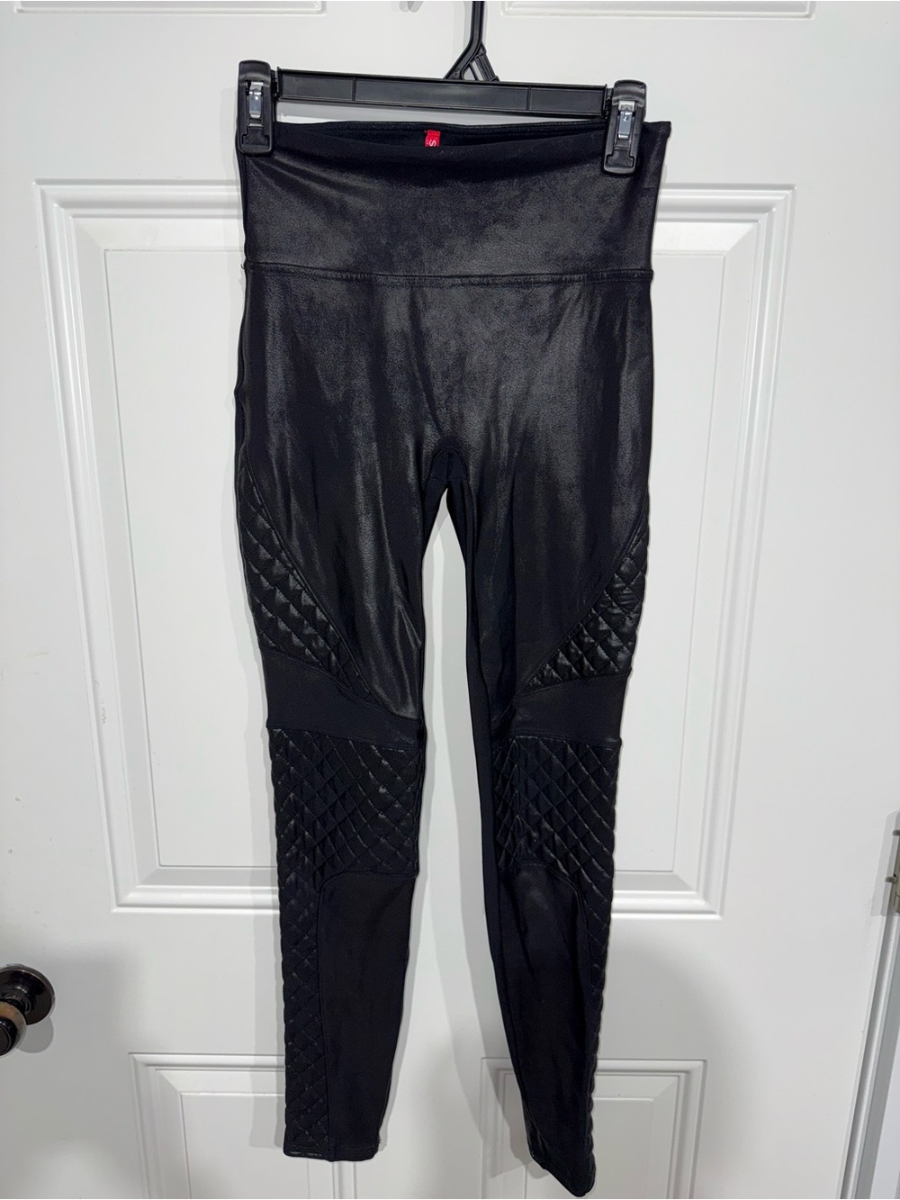 SPANX Black Faux Leather Leggings with Quilted Detail. Size small